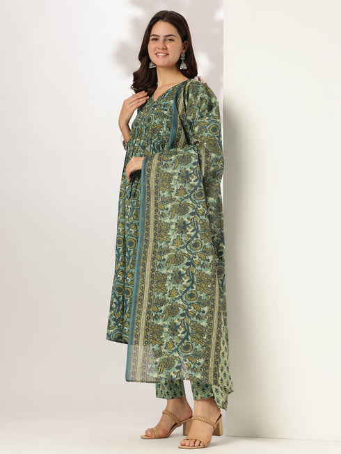 Sea Green Pure Cotton Floral Printed A-line Kurta Set